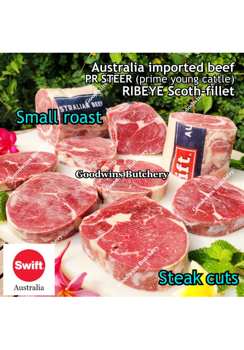 Beef Ribeye AUSTRALIA PR STEER (prime young cattle) AGED by producer brand SWIFT FROZEN steak cuts 3/8" 1cm price/pack 600g 4-5pcs (Scotch-Fillet / Cube-Roll)
